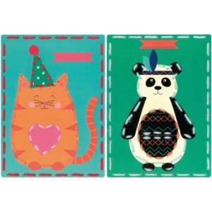Sticken mit Kindern: Vorgestanzte Karten mit Panda und Katze | über Zur Lila Pampelmuse