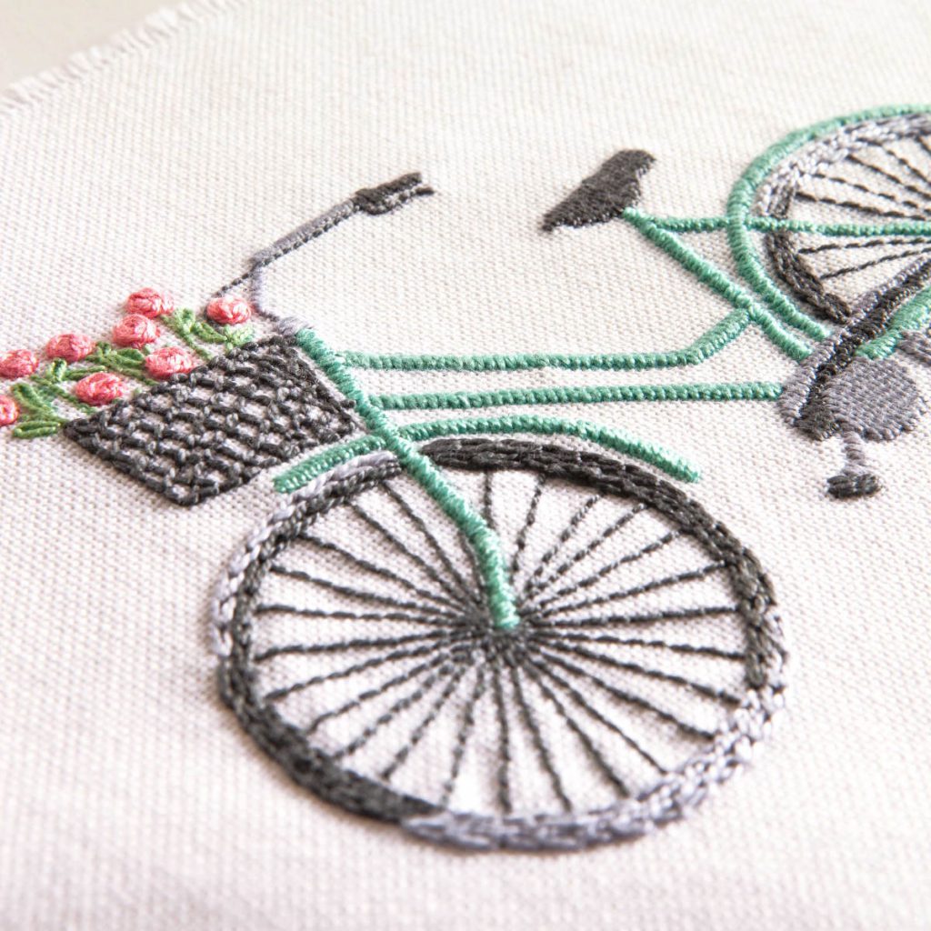 Retro Fahrrad sticken mit Blumen im Blumenkorb von DMC